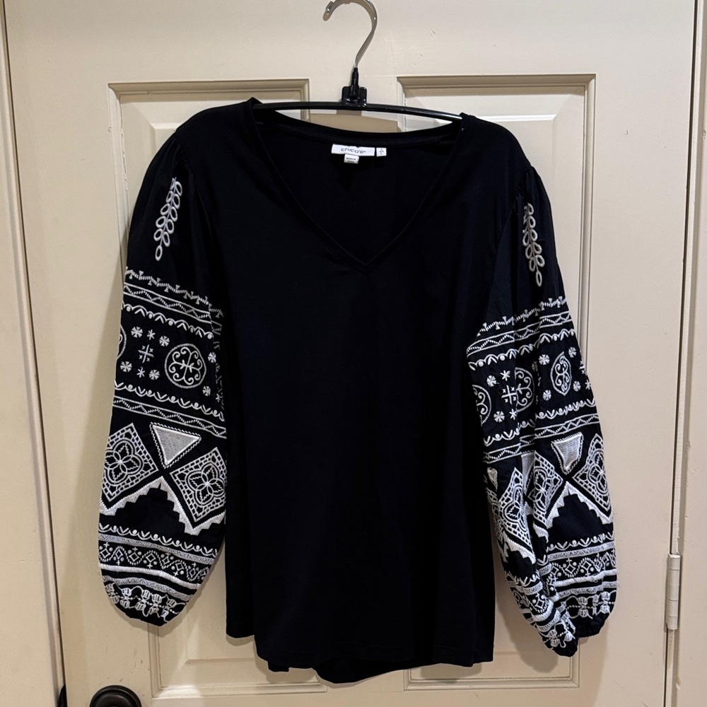 Chico's Black Top with White Embroidery